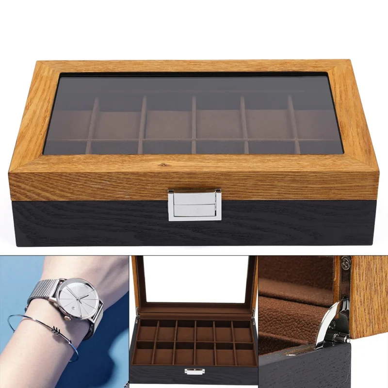 12-Slot Vintage Wooden Watch Display Case with Velvet Lining for Luxury Timepiece Collection - Image 2