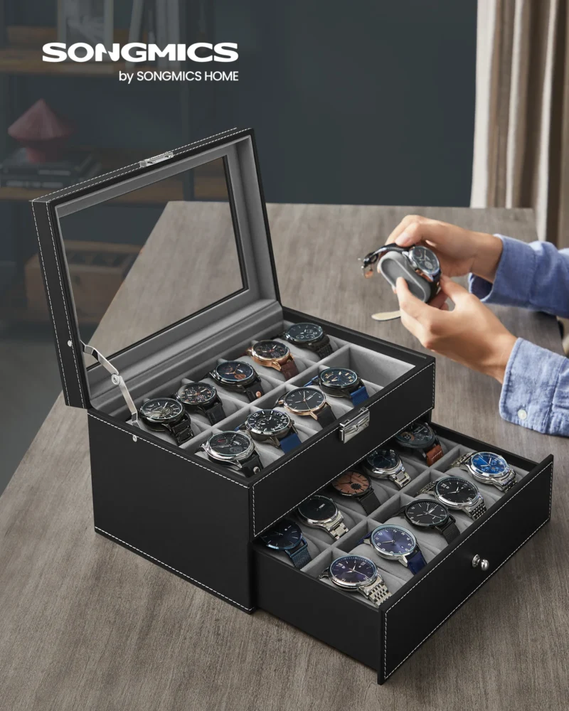 20-Slot Luxury Black Leather Watch Box with Glass Lid and Secure Lock - Image 2