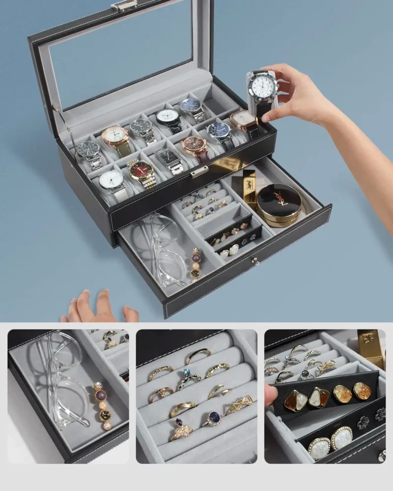 12-Slot Leather Watch Display Case with Lock and 2-Tier Drawer for Collectors - Image 2