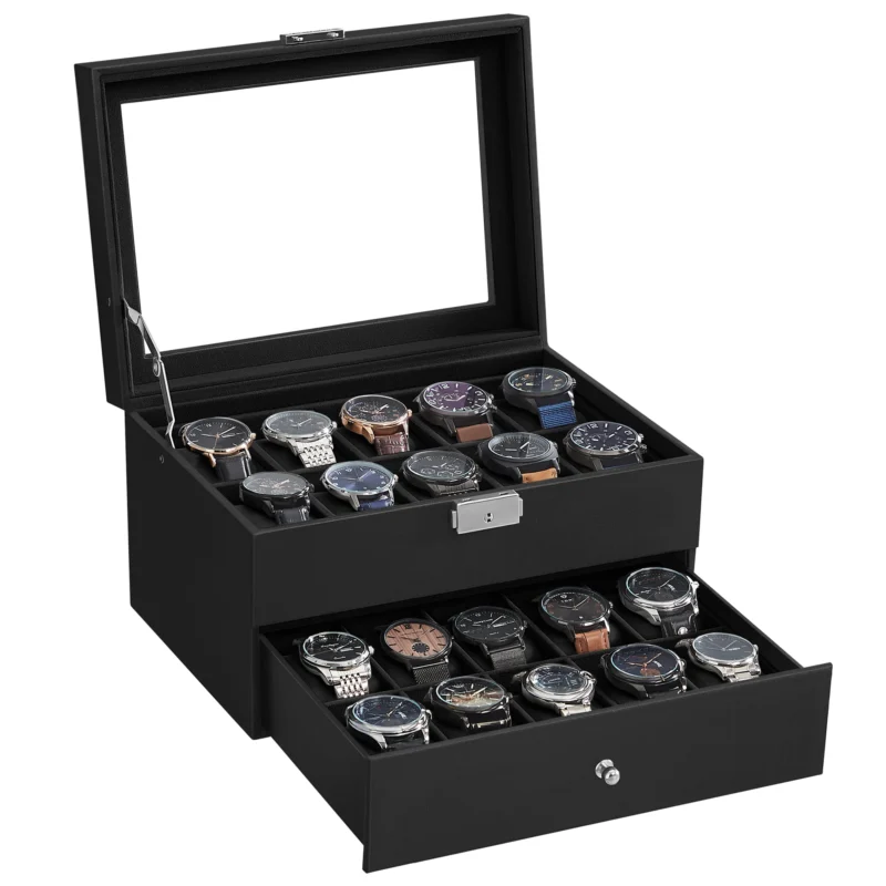 20-Slot Leatherette Watch Display Case with Glass Lid and Secure Lock for Collectors - Image 7