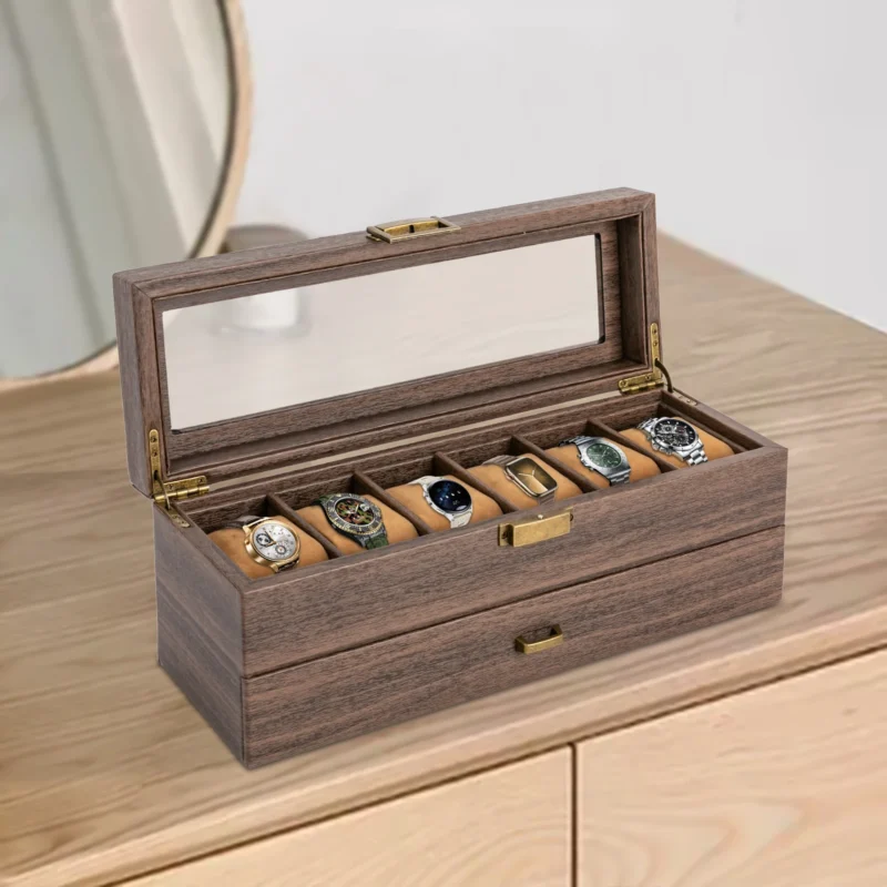 6-Slot Vintage Wood Watch Box with Storage Drawer for Jewelry Collection - Image 2