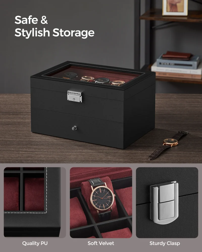 20-Slot Leatherette Watch Display Case with Glass Lid and Secure Lock for Collectors - Image 3