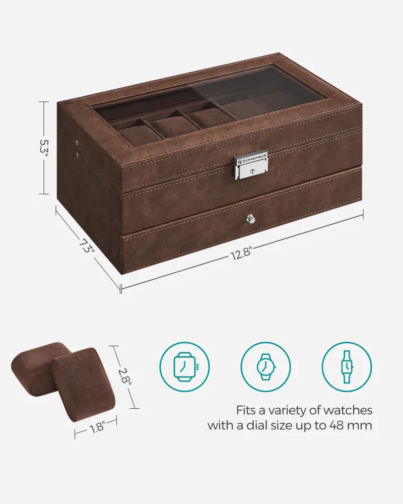 Premium 12-Slot Wooden Watch Box with Glass Lid and Jewelry Drawer - Image 6