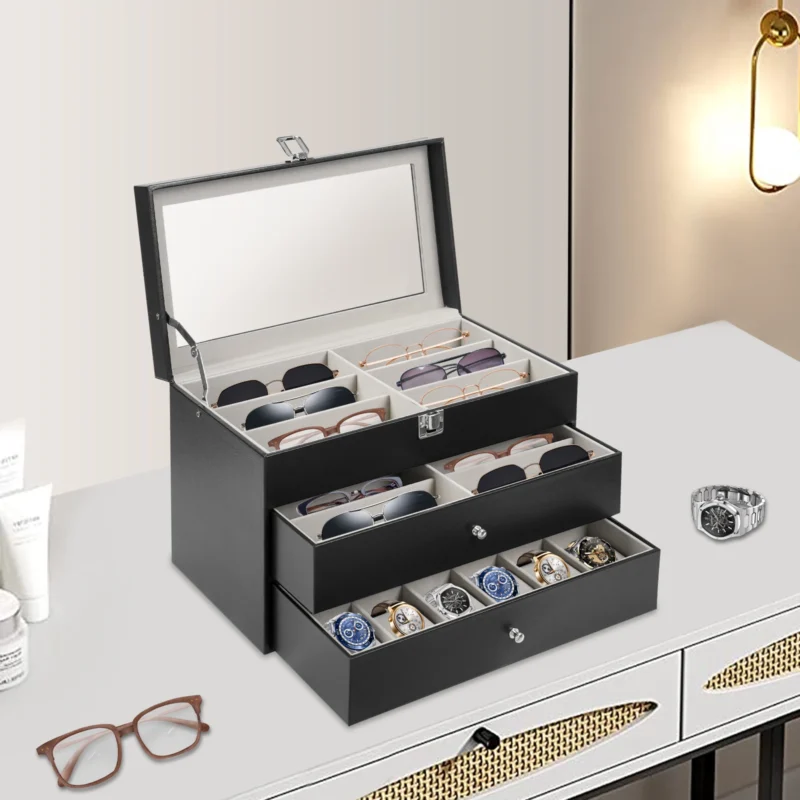 3-Tier Luxury Display Case with Glass Lid for Watches, Glasses and Jewelry - Image 5