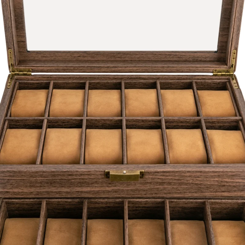 24-Slot Double Layer Wood Grain Watch Display Case with Glass Top for Collectors - Image 5