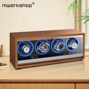 4-Slot Wooden Automatic Watch Winder with LED Lighting and Multiple Rotation Settings