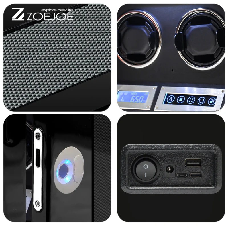 3-Slot Carbon Fiber Touchscreen Watch Winder with Fingerprint Lock and Adjustable Pillows - Image 5