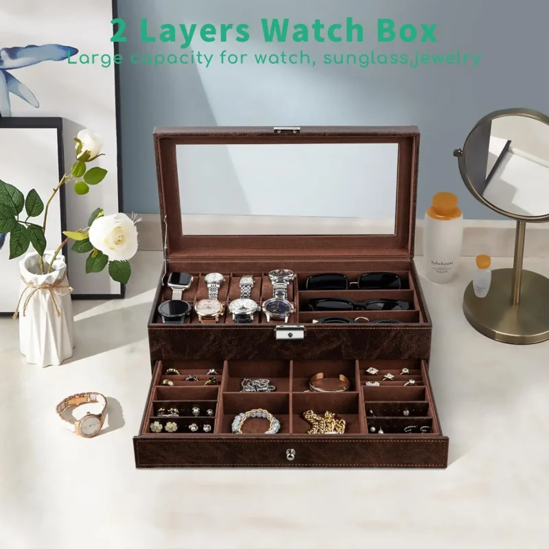 12-Slot Wooden Watch Display Case with Glass Lid and Secure Lock - Image 4