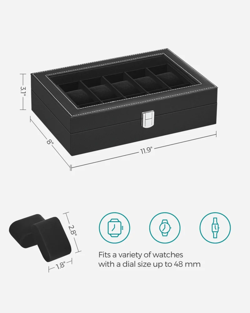 12-Slot Leather Watch Display Case with Glass Lid and Removable Pillows - Image 3