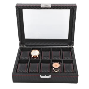 10-Slot Carbon Fiber Watch Display Case with Elegant Storage Organization for Collectors