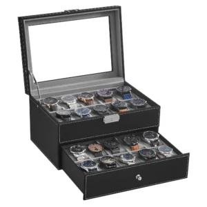20-Slot Luxury Black Leather Watch Box with Glass Lid and Secure Lock