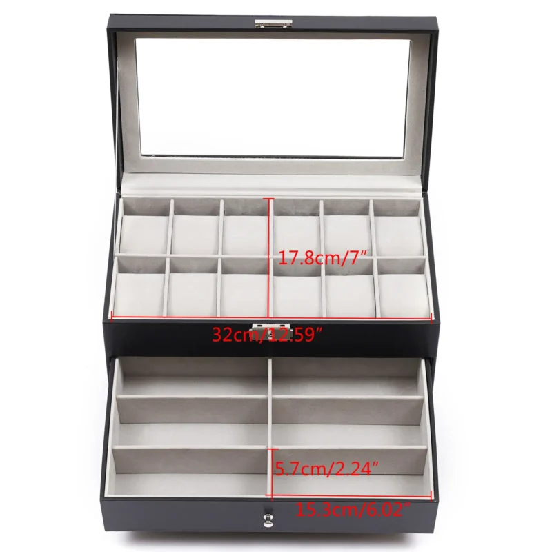 3-Layer Leather Watch & Sunglasses Display Case with Lock and Glass Top - Image 4