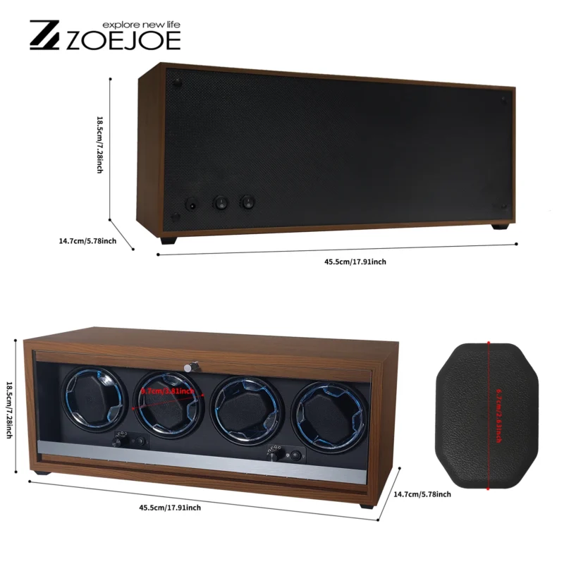 4-Slot Wooden Watch Winder Box with Black Interior and LED Atmosphere Lighting - Image 2