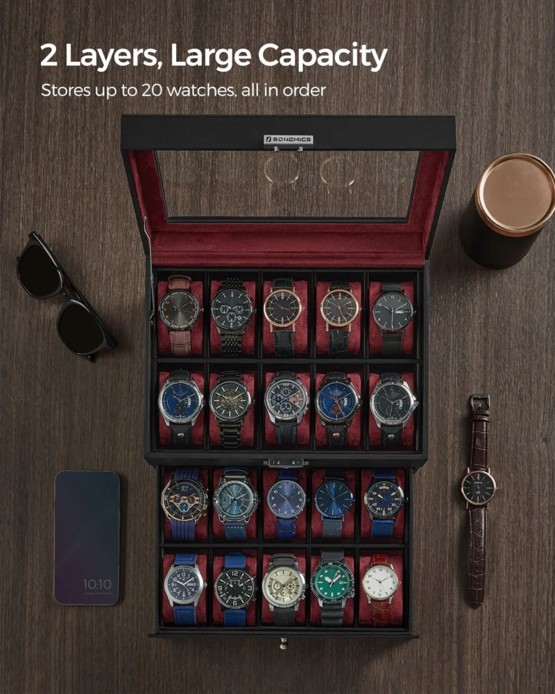 20-Slot Leatherette Watch Display Case with Glass Lid and Secure Lock for Collectors - Image 4