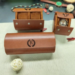 Premium Leather Travel Watch Roll Case with Custom Engraving for Men