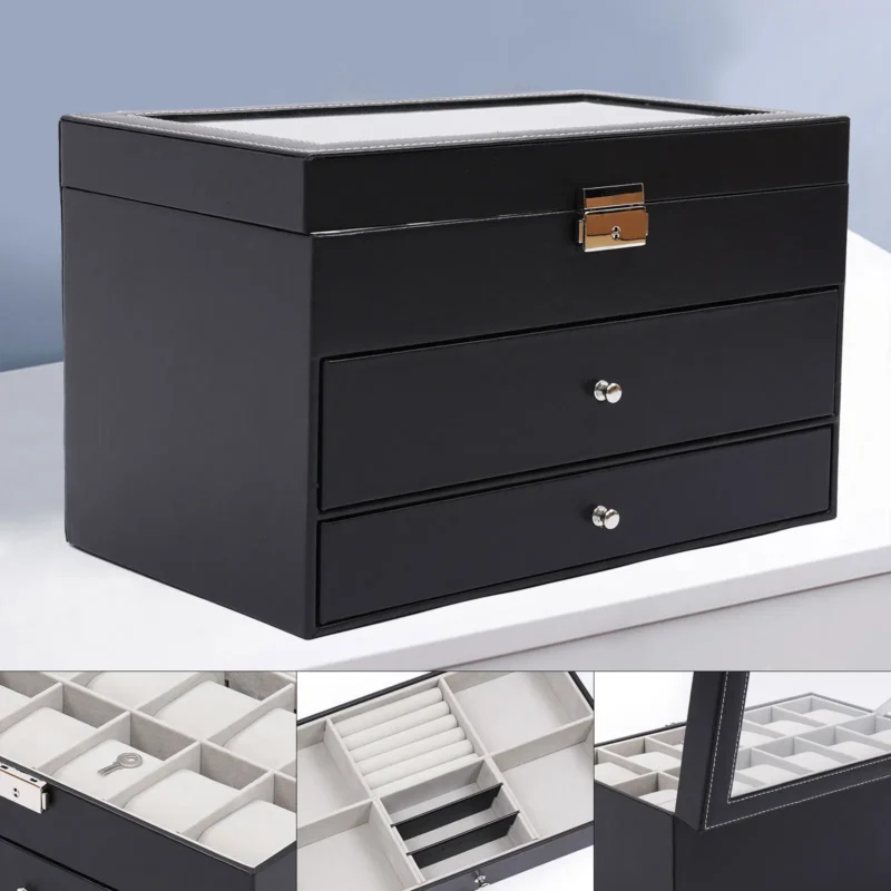 3-Layer Leather Watch & Sunglasses Display Case with Lock and Glass Top - Image 3