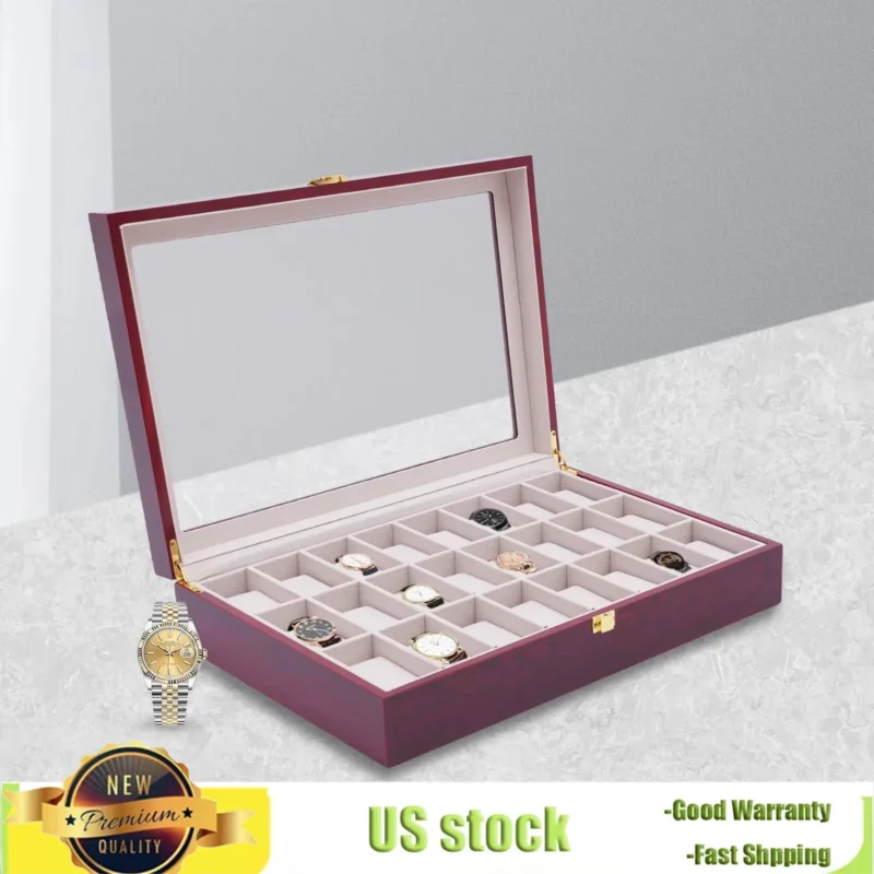24-Slot Vintage Wooden Watch Display Case with Glass Top and Locking Clasp - Image 3