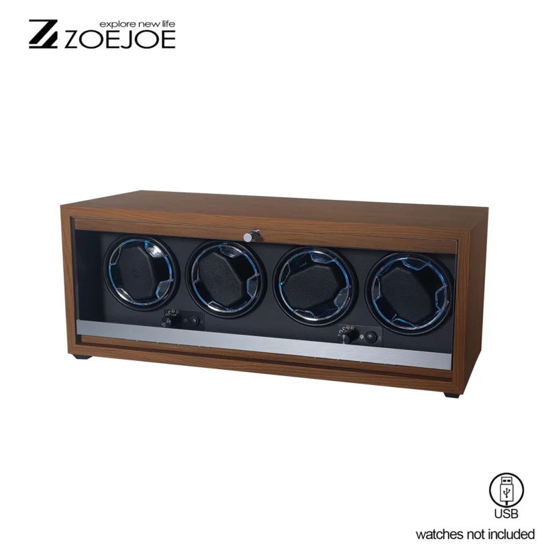 4-Slot Wooden Watch Winder Box with Black Interior and LED Atmosphere Lighting - Image 7
