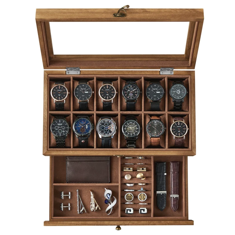 Luxury 12-Slot Watch Display Case with Glass Lid and Velvet Interior