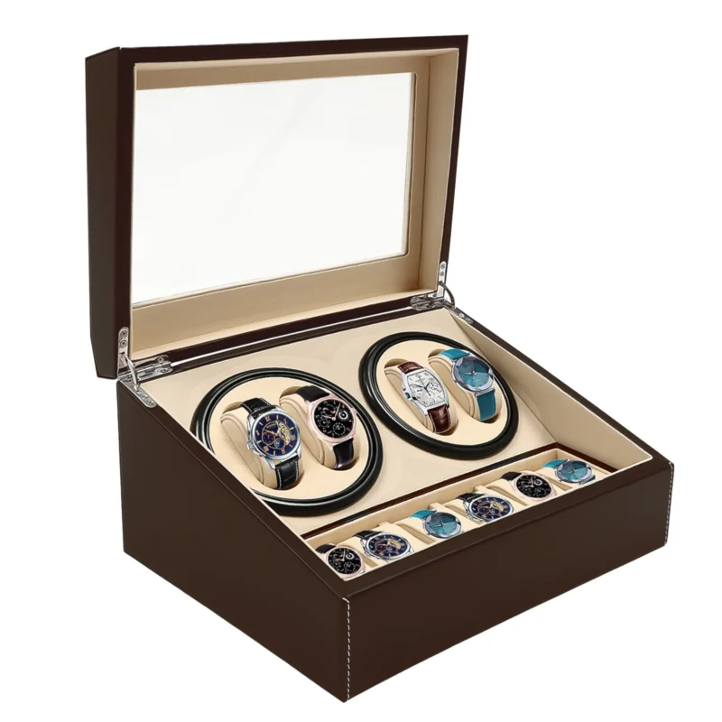 4+6 Slot Automatic Watch Winder Luxury Leather Storage Case with Display Organizer - Image 2