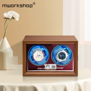 Dual-Slot Wooden Watch Winder Box with Silent Motor and 4 Rotation Modes
