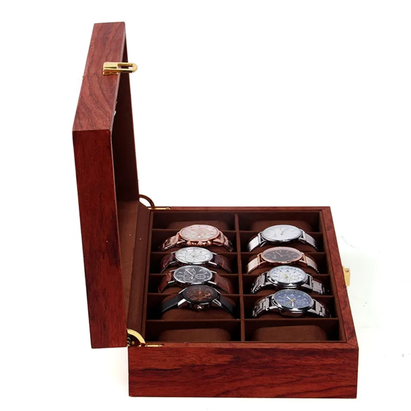 Handcrafted Wooden 12-Slot Watch Display Case with Glass Top for Premium Collection Storage - Image 3