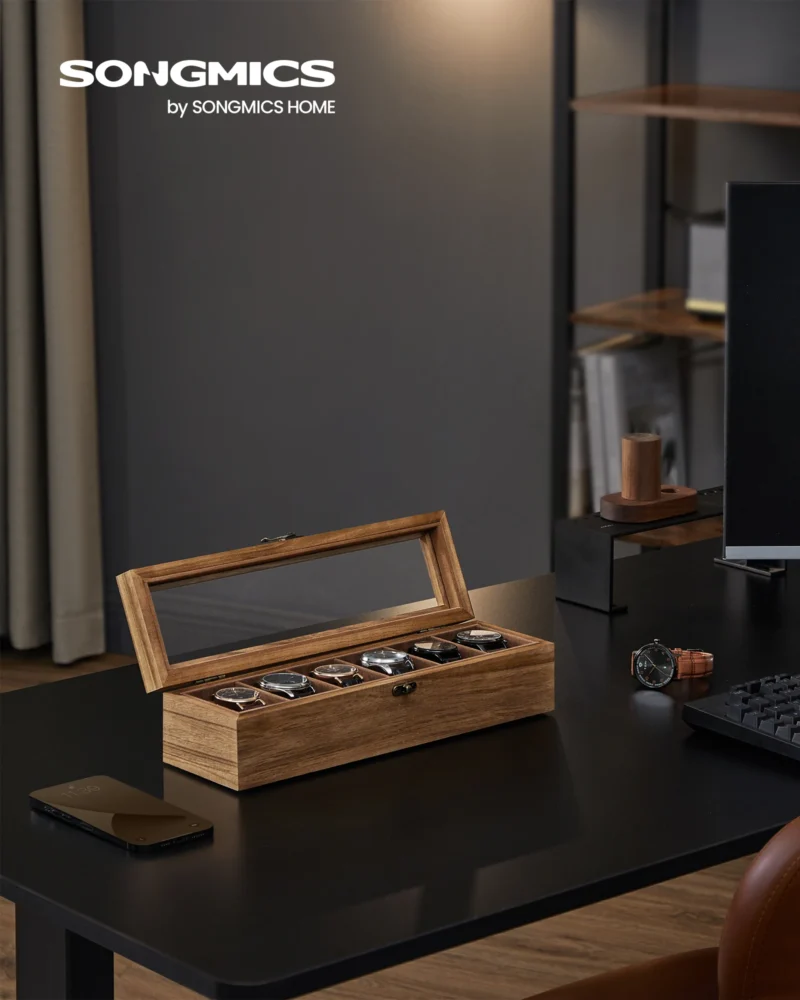Handcrafted Wooden 6-Slot Watch Display Case with Glass Top and Removable Cushions - Image 2