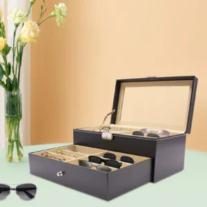 6-Slot Luxury Watch and Eyeglasses Display Case with Glass Top for Collectors