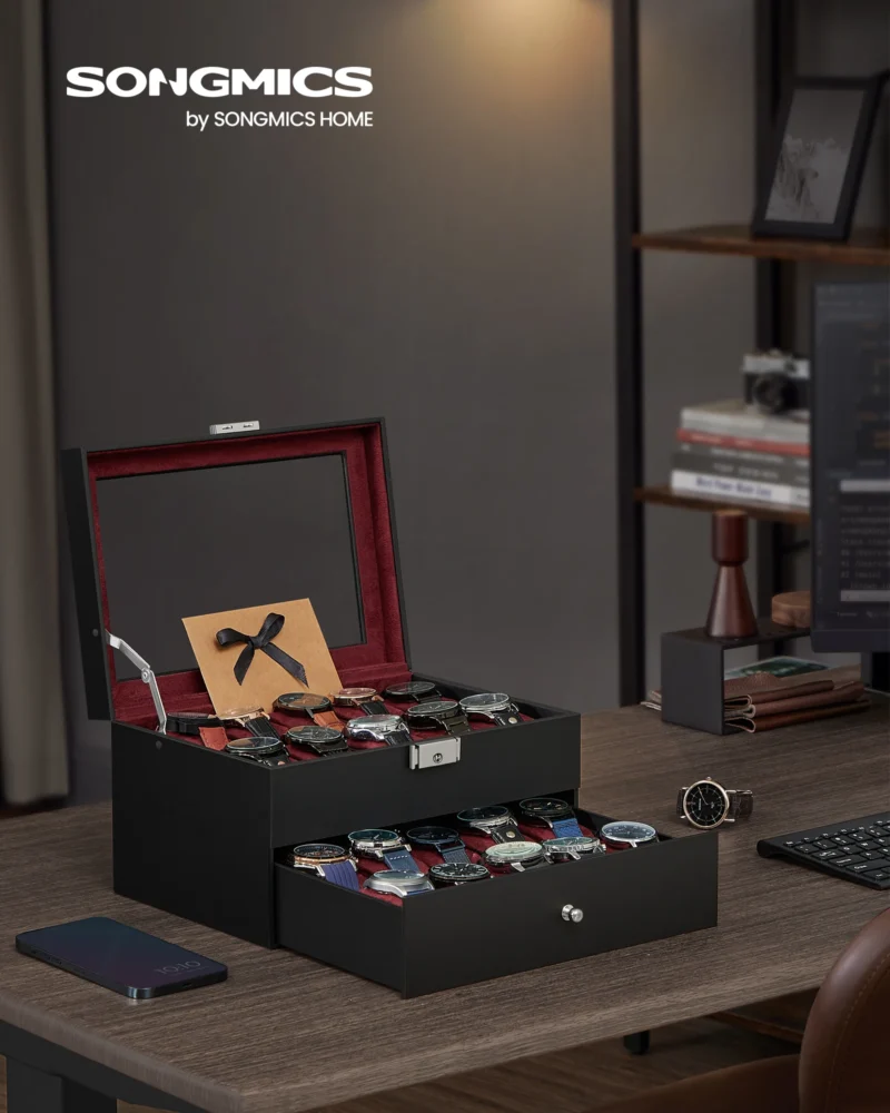 20-Slot Leatherette Watch Display Case with Glass Lid and Secure Lock for Collectors - Image 2