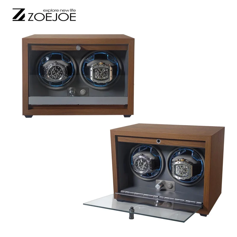 Luxury Wooden Double Watch Winder Box with LED Lighting for Automatic Timepieces - Image 5