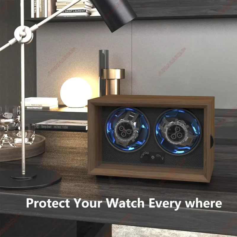 USB Powered Wooden Watch Winder for 2 Automatic Watches with Display Case Storage - Image 6