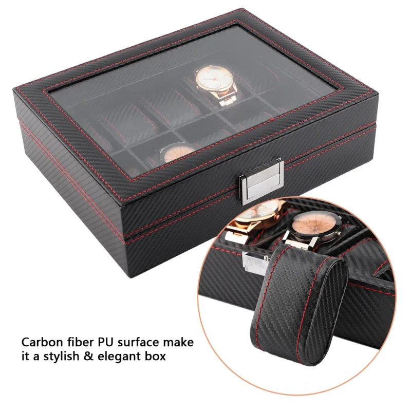 10-Slot Carbon Fiber Watch Display Box with Secure Storage for Collectors - Image 5