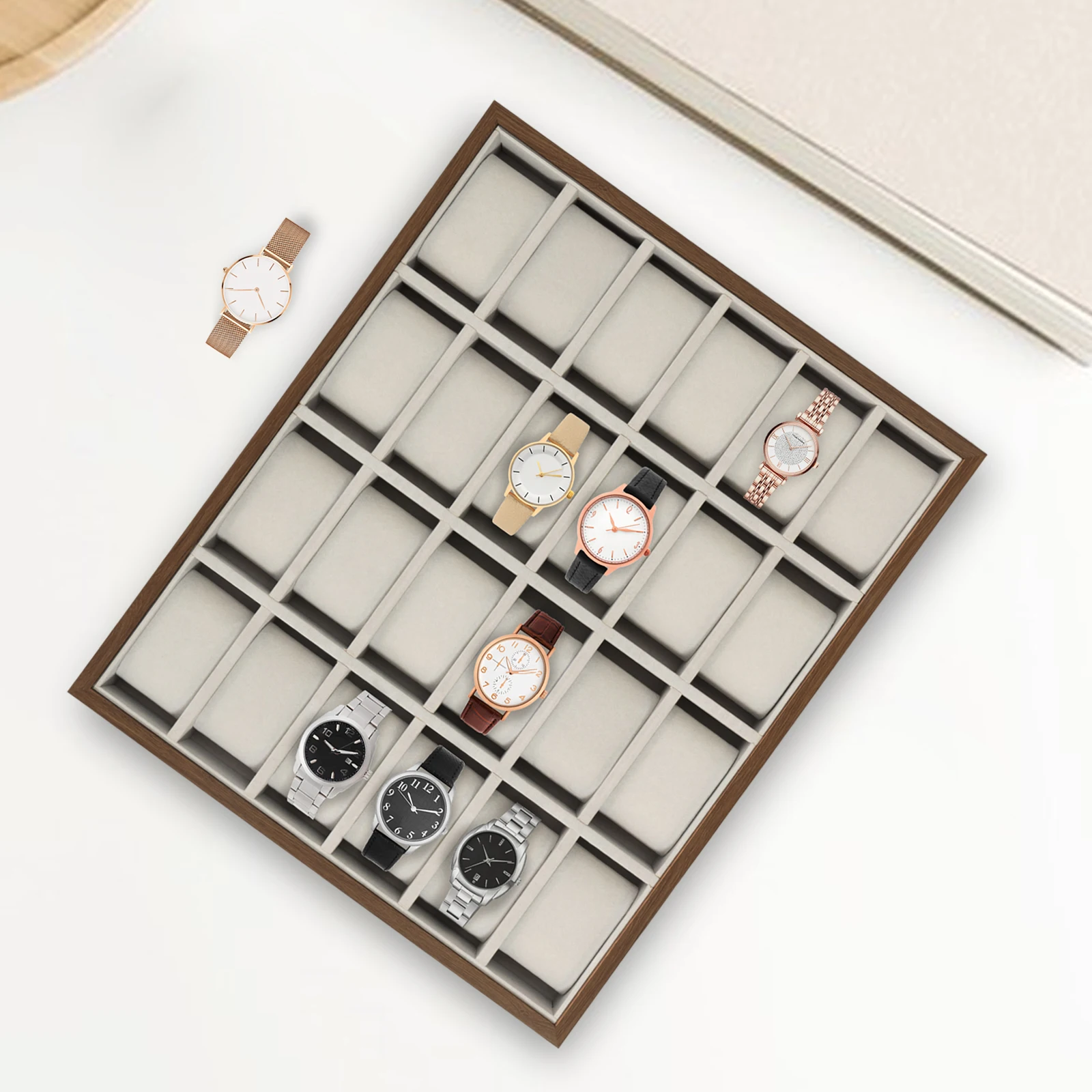 Multi-slot wooden watch display case for collection storage