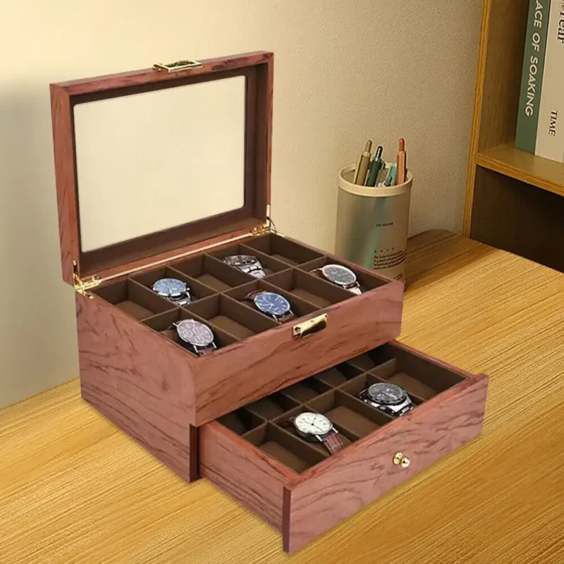 20-Slot Wooden Watch & Jewelry Display Case with Storage Drawer for Collectors - Image 2
