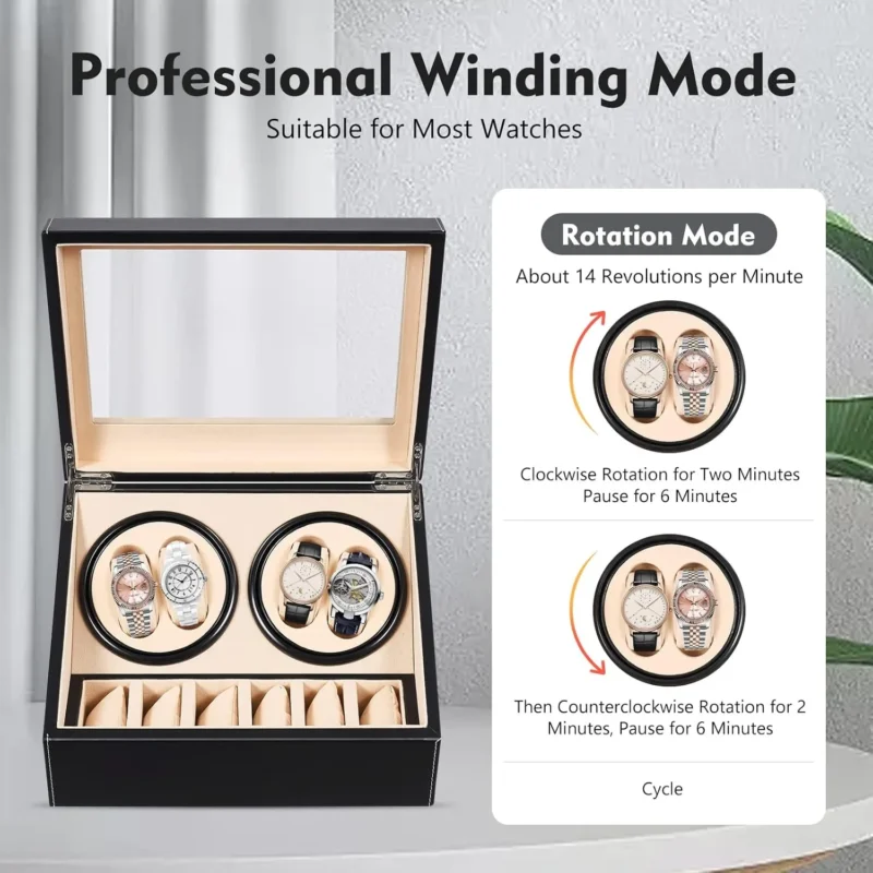 Luxury 10-Slot Automatic Watch Winder Display Box with Leather & Wood Construction - Image 6