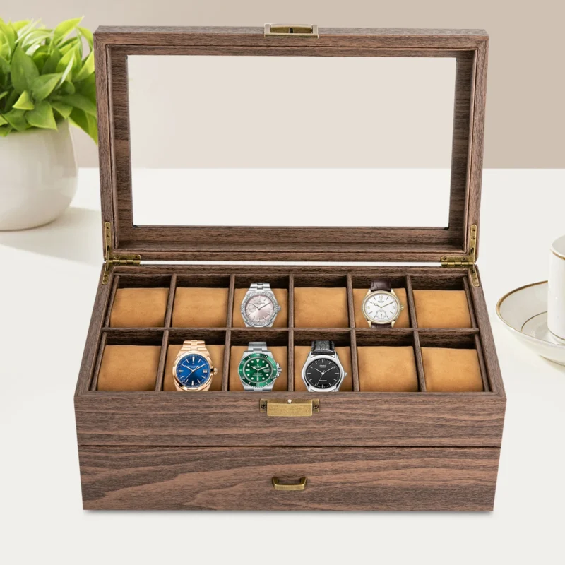 24-Slot Double Layer Wood Grain Watch Display Case with Glass Top for Collectors - Image 2