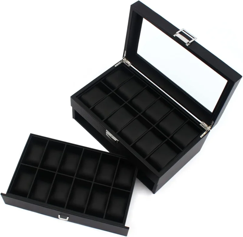 24-Slot Carbon Fiber Watch Display Case with Metal Hinges and Storage Drawer - Image 5