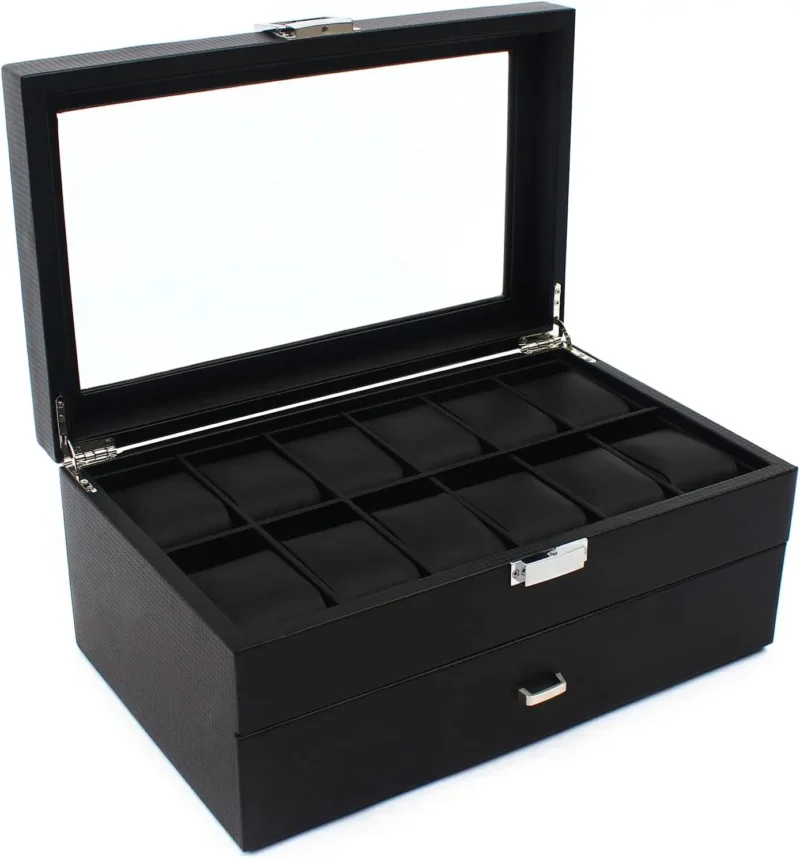 24-Slot Carbon Fiber Watch Display Case with Metal Hinges and Storage Drawer - Image 3