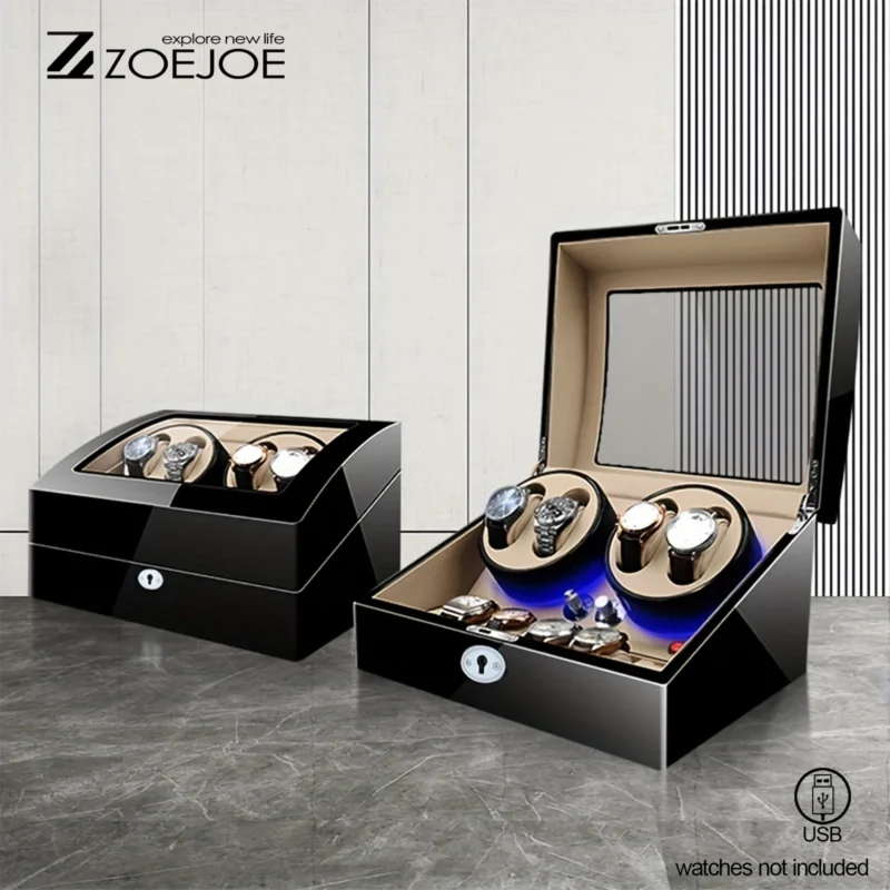 10-Slot Luxury Watch Winder Box with LED Lights and Security Lock - Image 4