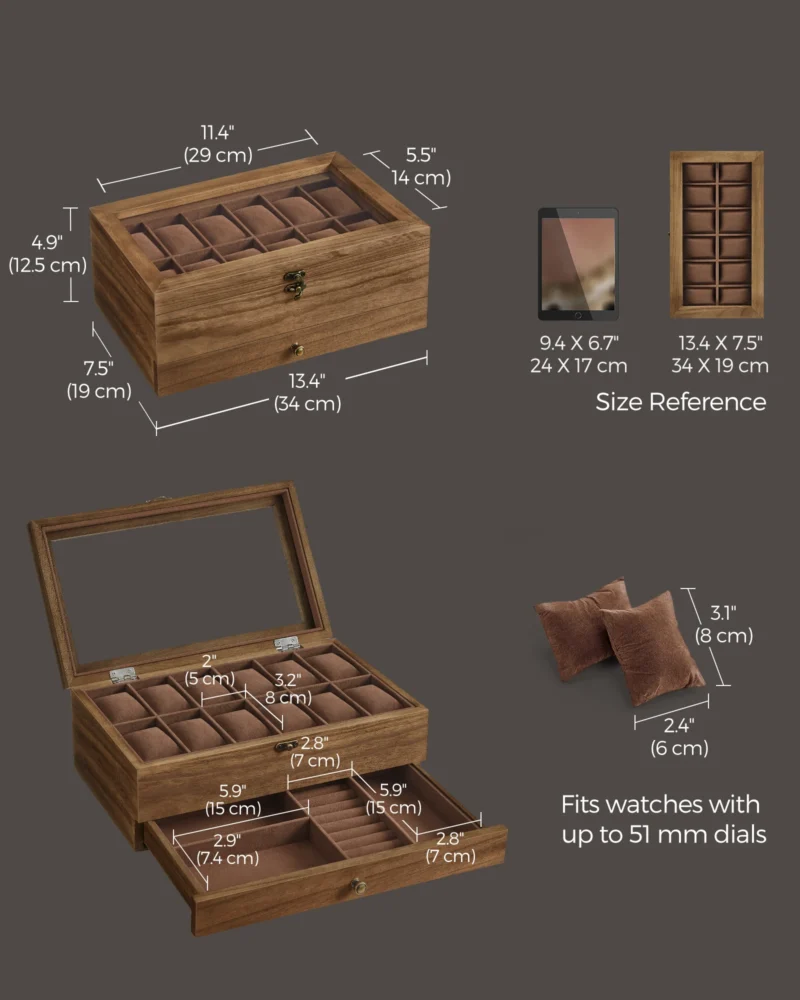 Luxury 12-Slot Watch Display Case with Glass Lid and Velvet Interior - Image 5