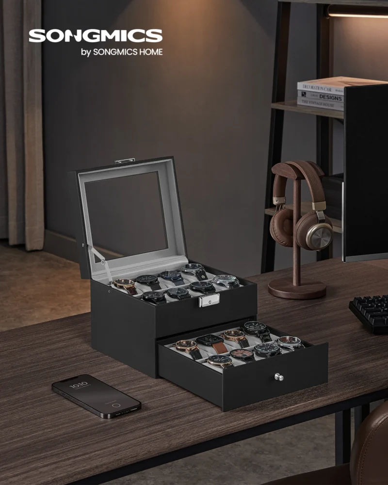 20-Slot Lockable Watch Display Case with Glass Lid and Leather Exterior - Image 2