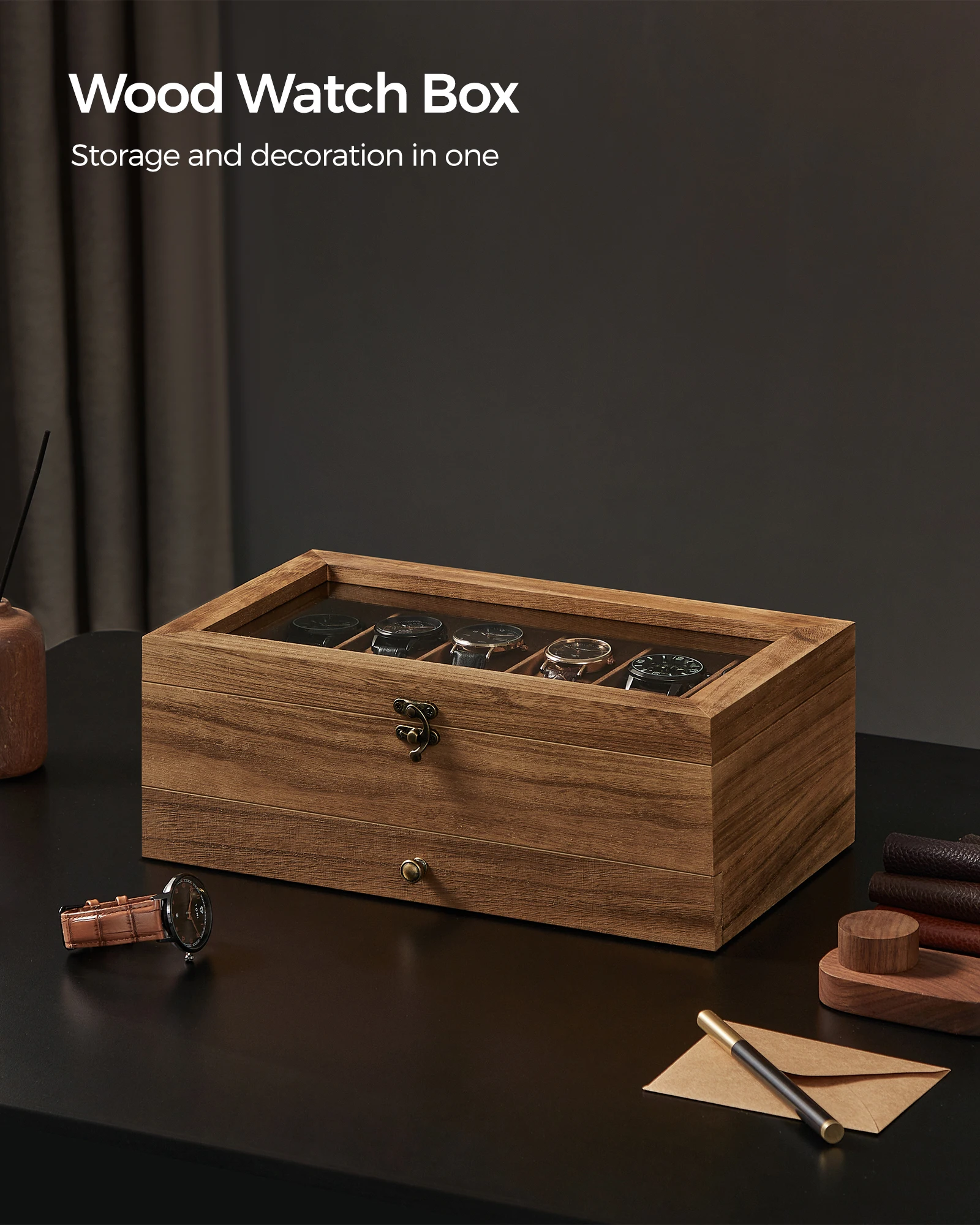 Multiple luxury watches in a wooden display case demonstrating collection storage options