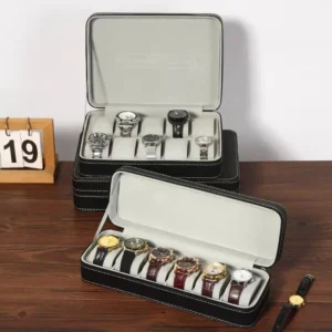 12-Slot Leather Watch Storage Box with Zipper for Collectors and Travel