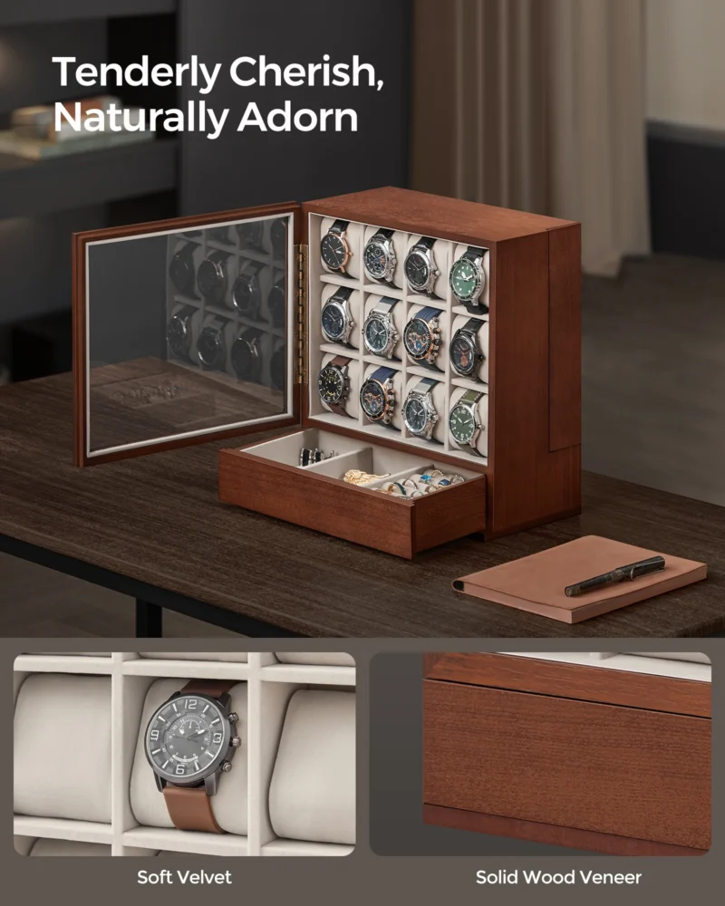 12-Slot Wooden Watch Display Box with Glass Window and Velvet Lining for Luxury Collection - Image 4