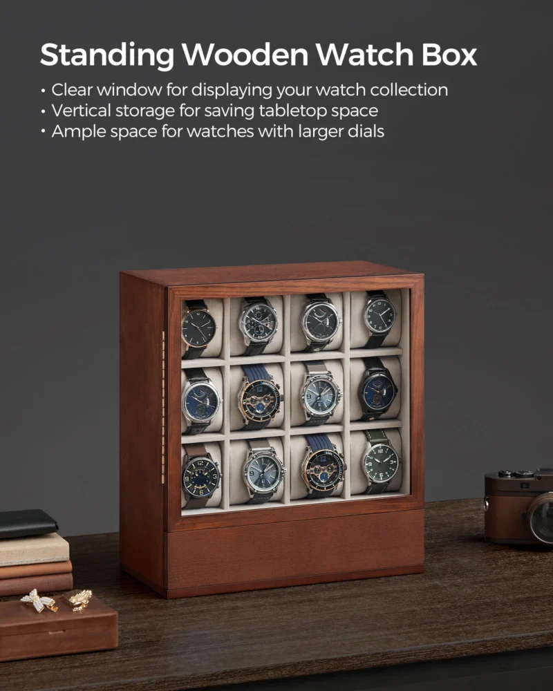 12-Slot Wooden Watch Display Box with Glass Window and Velvet Lining for Luxury Collection - Image 6