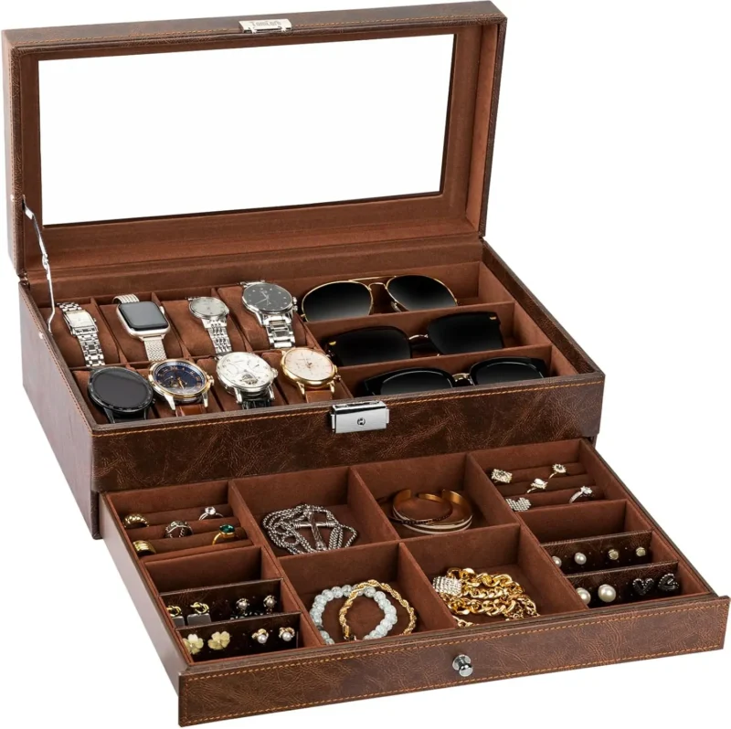 12-Slot Wooden Watch Display Case with Glass Lid and Secure Lock - Image 2