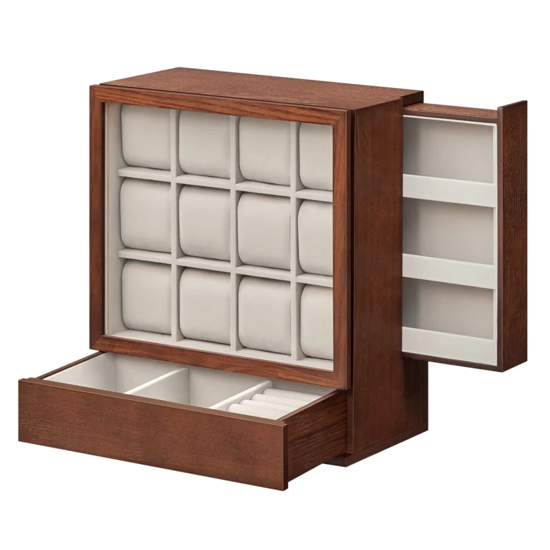 12-Slot Wooden Watch Display Box with Glass Window and Velvet Lining for Luxury Collection - Image 7