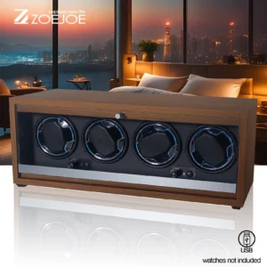 4-Slot Wooden Watch Winder Box with Black Interior and LED Atmosphere Lighting
