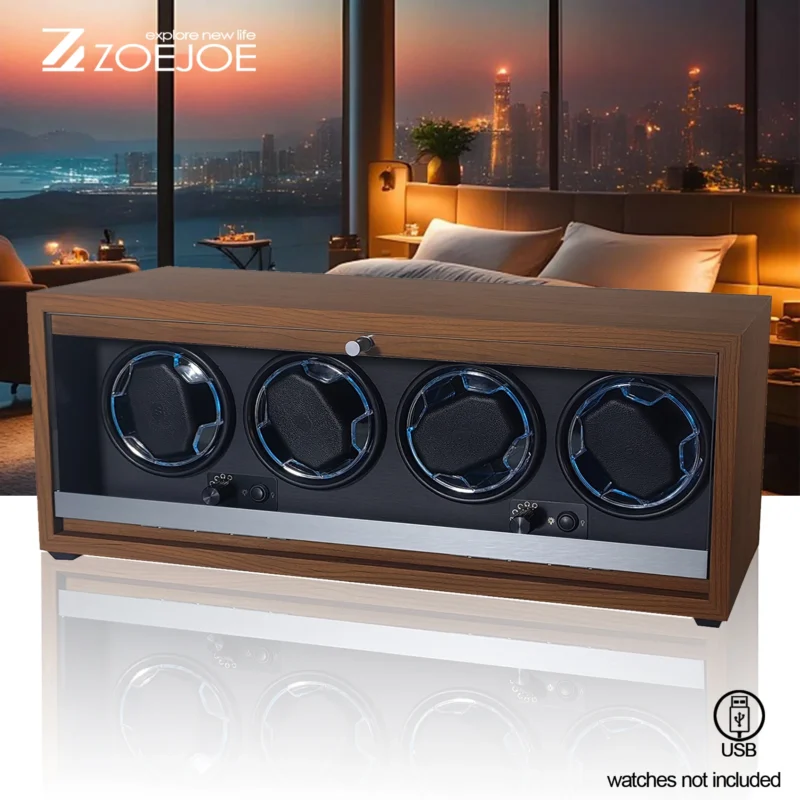 4-Slot Wooden Watch Winder Box with Black Interior and LED Atmosphere Lighting