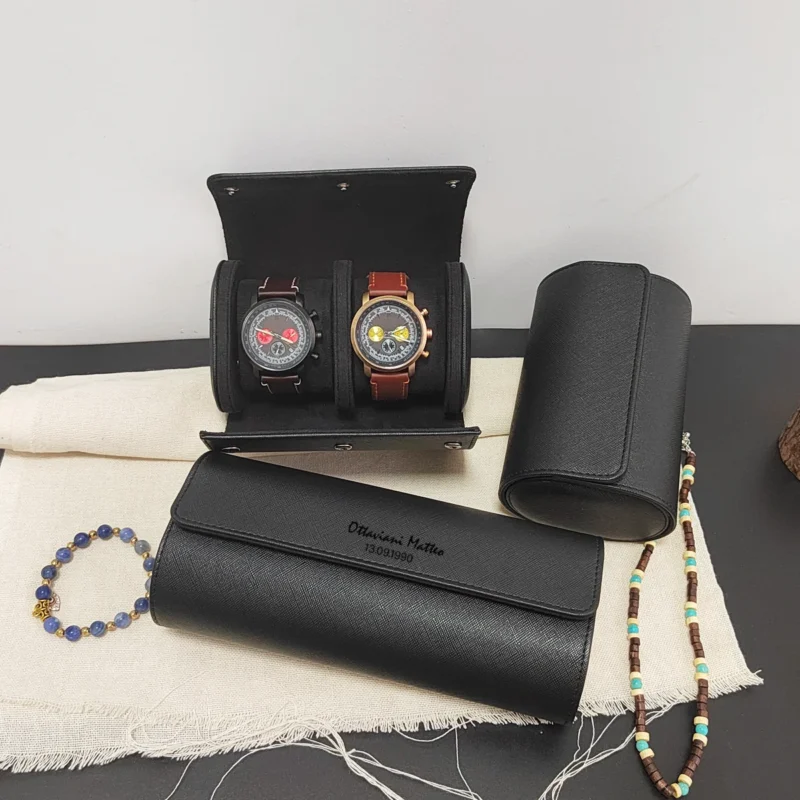 Premium Leather Travel Watch Roll Case with Custom Engraving for Men - Image 3